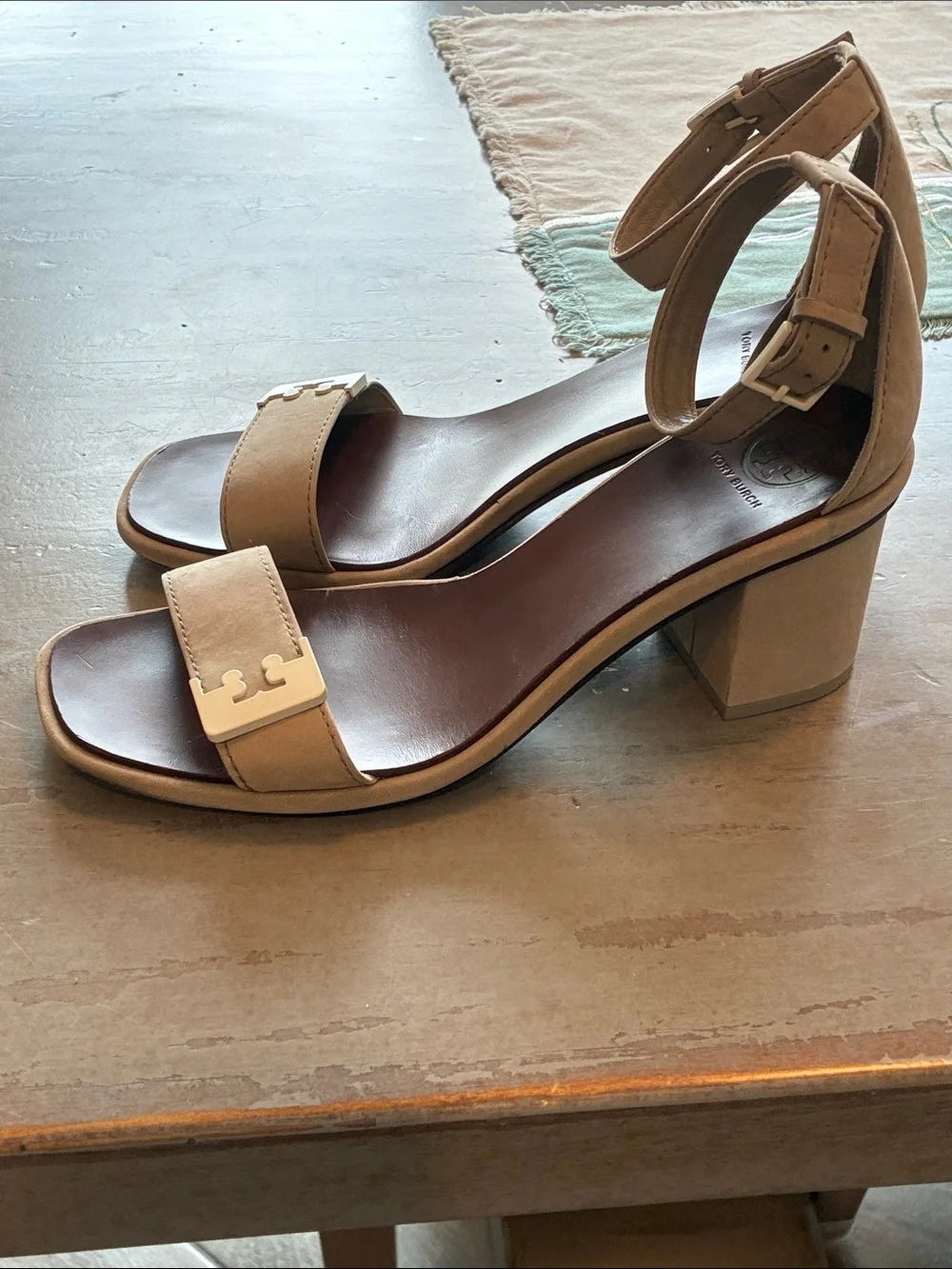 Tory Burch Taupe Suede Ankle-Strap Block Heel Sandals
